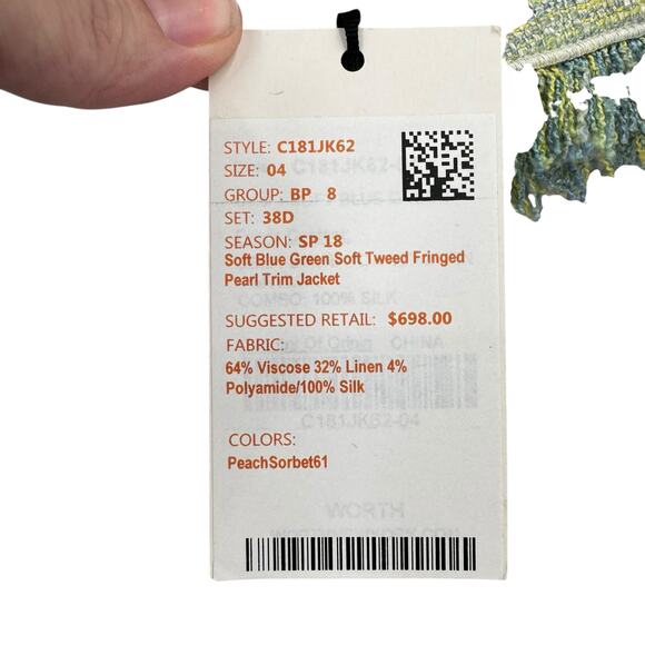 Worth New York NWT Green Yellow Boucle Tweed Fringe Trim Designer Blazer Jacket - Picture 13 of 16